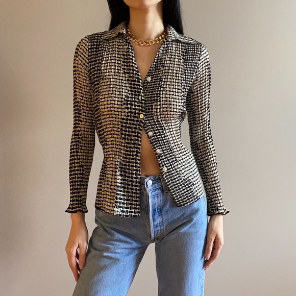 Vintage Tops - Vintage pleated abstract polkadot button down blouse